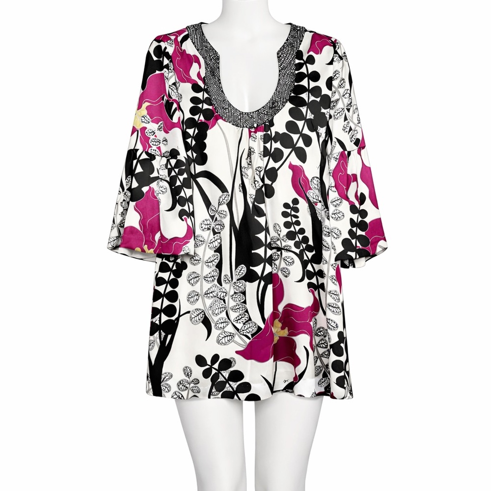 Trina Turk Silk Floral Shift Dress 6 Beaded Neckline Bell Sleeves Wedding Guest